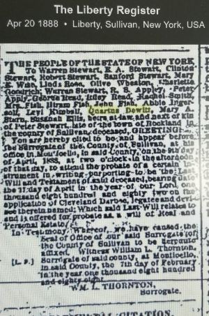 a legal announcement of inheritance in neighboring Sullivan county including Quartus and about ten others people, mostly last named Stewart