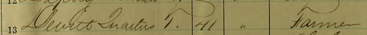 a ledger entry reading \town-Rochester\name-Dewitt, Quartus S\age-41\occupation-farmer\marital status-married\place of birth-New York\prior military service-none\