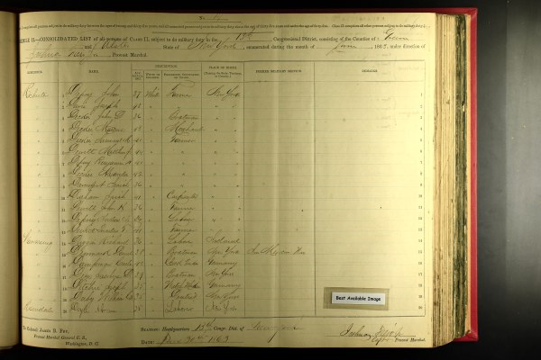 a ledger with town, name, age, occupation, marital status, place of birth and prior military service for the 13th Congressional District of New York