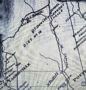 An old map prominently showing Q.S. Dewitt near a school and mill on Vernooy Kill